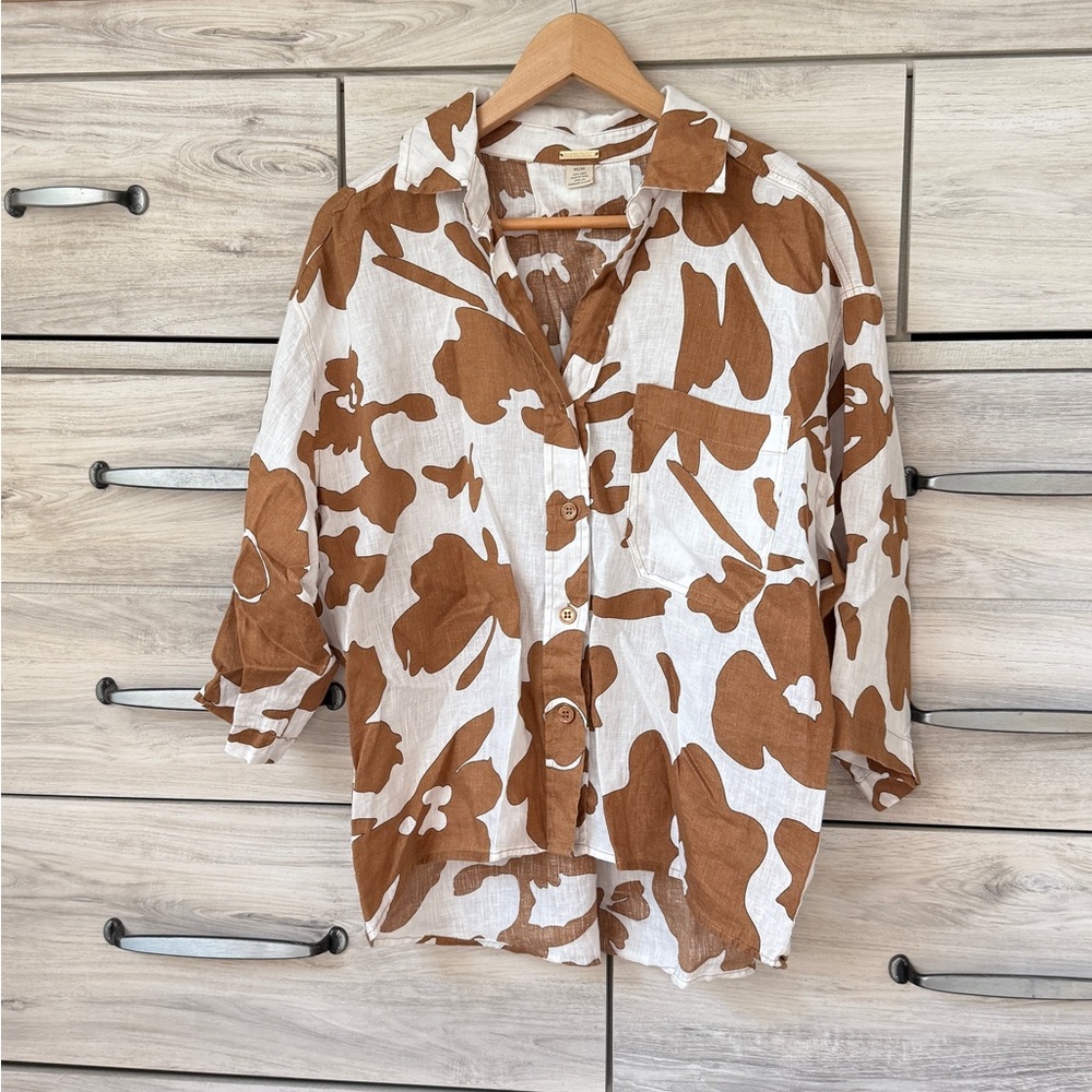 Magaschoni Brown and White Boxy Button Down Shirt size M